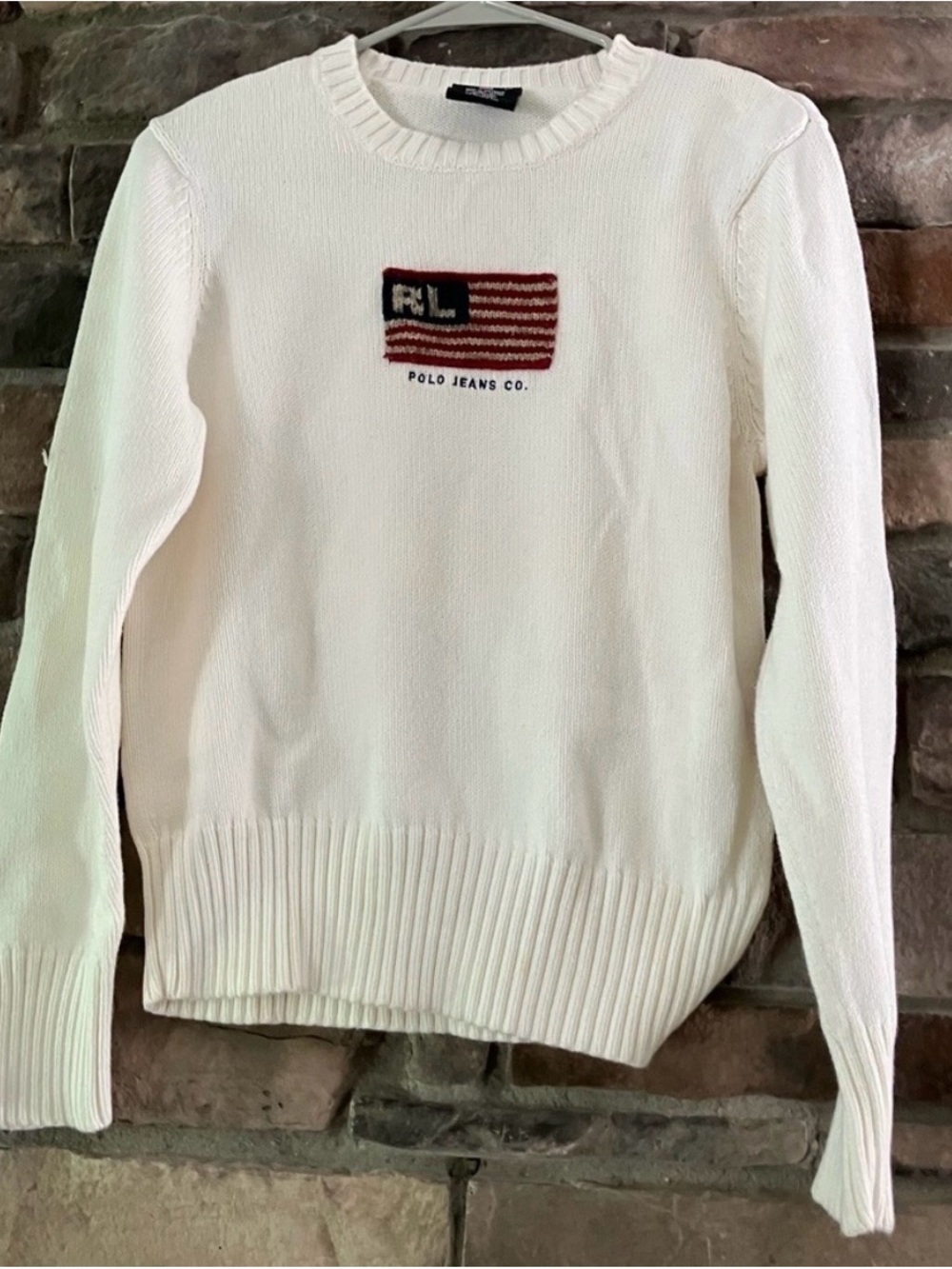 Polo by Ralph Lauren Cream Sweater with Red & Navy Flag Logo